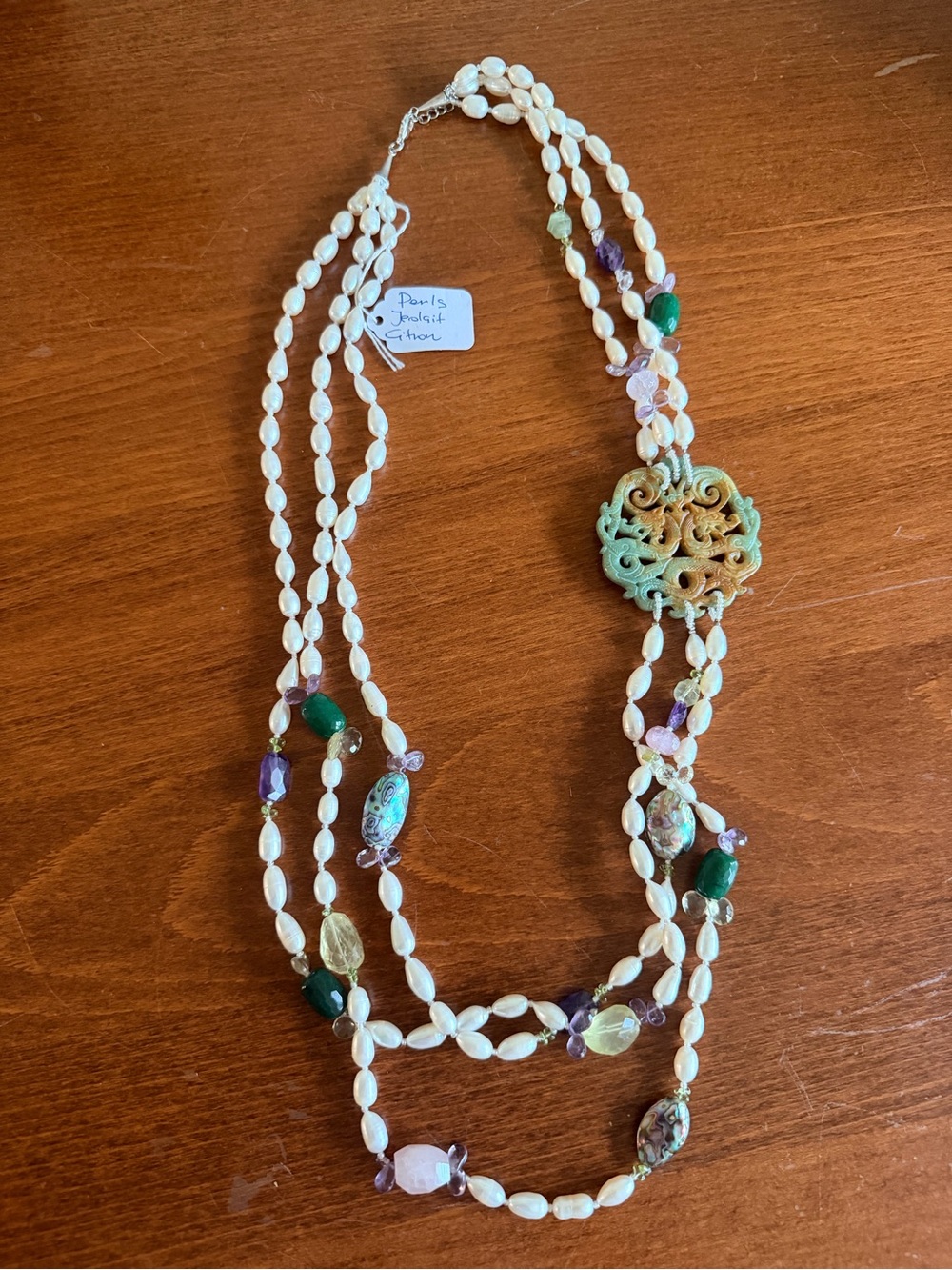 Handcrafted Multi-Strand Pearl and Gemstone Necklace - Green Accent